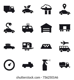 16 vector icon set : truck, eco car, factory filter, car pointer, electric car, garage, car baggage, trailer, taxi, transfer, barometer, pickup, sprayer, sweeper