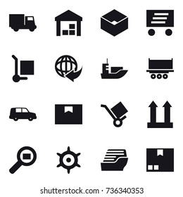 16 vector icon set : truck, warehouse, box, delivery, cargo stoller, handwheel, cruise ship, package
