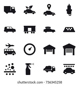 16 vector icon set : truck, eco car, car pointer, spark plug, car baggage, taxi, transfer, barometer, garage, sprayer, trash truck, car wash