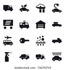 16 vector icon set : truck, eco car, factory filter, electric car, delivery, garage, car baggage, transfer, key, pickup, sprayer, trash truck, sweeper, car wash