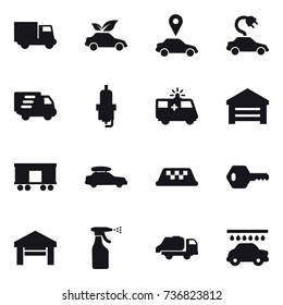 16 vector icon set : truck, eco, car pointer, electric , delivery, spark plug, garage, baggage, taxi, key, sprayer, trash truck,  wash