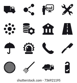 16 vector icon set : truck, molecule, presentation, pencil wrench, round around, virtual mining, library, chef knife, fork, trash truck, please clean