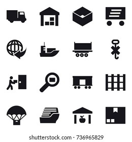16 vector icon set : truck, warehouse, box, delivery, cruise ship, package