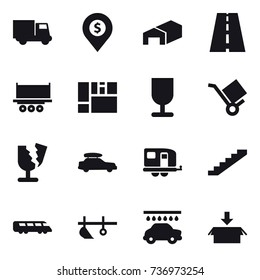 16 vector icon set : truck, dollar pin, warehouse, car baggage, trailer, stairs, plow, car wash, package