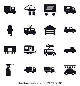 16 vector icon set : truck, factory filter, delivery, spark plug, garage, trailer, transfer, pickup, sprayer, trash truck, sweeper, car wash
