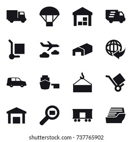 16 vector icon set : truck, parachute, warehouse, delivery, cargo stoller, journey, cruise ship