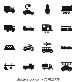 16 Vector Icon Set : Truck, Electric Car, Spark Plug, Trailer, Bus, Taxi, Motorcycle, Transfer, Plow, Pickup, Sweeper, Car Wash