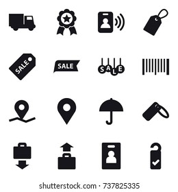 16 vector icon set : truck, medal, pass card, label, sale label, sale, barcode, baggage get, baggage, identity card, please clean