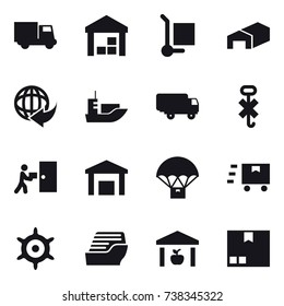 16 vector icon set : truck, warehouse, cargo stoller, handwheel, cruise ship, package