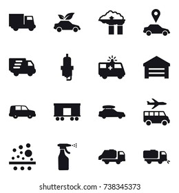 16 vector icon set : truck, eco car, factory filter, car pointer, delivery, spark plug, garage, car baggage, transfer, sprayer, trash truck, sweeper