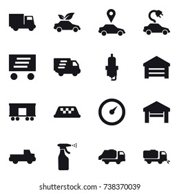 16 vector icon set : truck, eco car, car pointer, electric car, delivery, spark plug, garage, taxi, barometer, pickup, sprayer, trash truck, sweeper