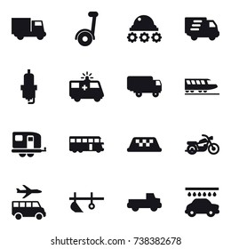 16 vector icon set : truck, segway, lunar rover, delivery, spark plug, train, trailer, bus, taxi, motorcycle, transfer, plow, pickup, car wash