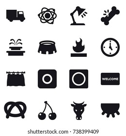 16 vector icon set : truck, atom, table lamp, fountain, stadium, watch, curtain, ring button, welcome mat, cherry, cow, udder