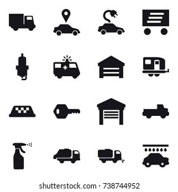16 vector icon set : truck, car pointer, electric car, delivery, spark plug, garage, trailer, taxi, key, pickup, sprayer, trash truck, sweeper, car wash