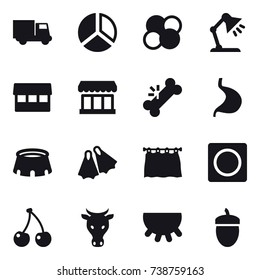 16 vector icon set : truck, diagram, atom core, table lamp, market, stadium, flippers, curtain, ring button, cherry, cow, udder, acorn