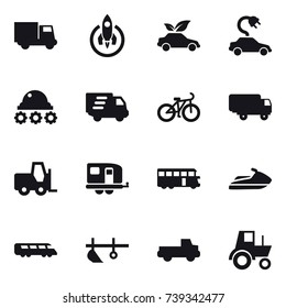16 vector icon set : truck, rocket, eco car, electric car, lunar rover, delivery, bike, trailer, bus, jet ski, plow, pickup, tractor