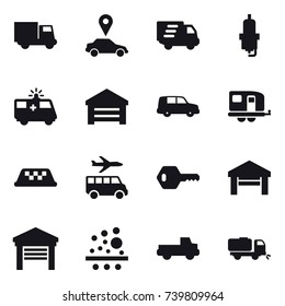 16 vector icon set : truck, car pointer, delivery, spark plug, garage, trailer, taxi, transfer, key, pickup, sweeper