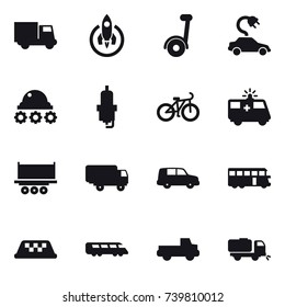 16 vector icon set : truck, rocket, segway, electric car, lunar rover, spark plug, bike, bus, taxi, pickup, sweeper