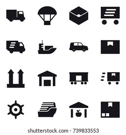 16 vector icon set : truck, parachute, box, delivery, handwheel, cruise ship, warehouse, package