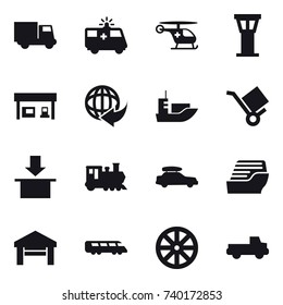 16 vector icon set : truck, airport tower, gas station, train, car baggage, cruise ship, garage, wheel, pickup
