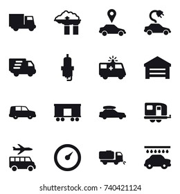 16 vector icon set : truck, factory filter, car pointer, electric car, delivery, spark plug, garage, car baggage, trailer, transfer, barometer, sweeper, car wash