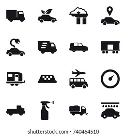 16 vector icon set : truck, eco car, factory filter, car pointer, electric car, delivery, trailer, taxi, transfer, barometer, pickup, sprayer, sweeper, car wash