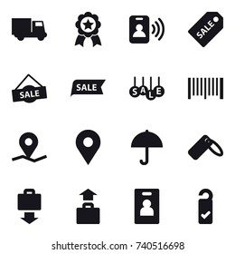 16 vector icon set : truck, medal, pass card, sale label, sale, barcode, baggage get, baggage, identity card, please clean