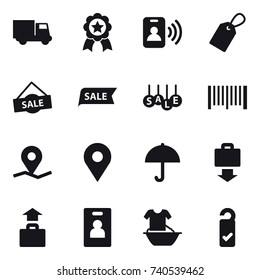16 vector icon set : truck, medal, pass card, label, sale, barcode, baggage get, baggage, identity card, handle washing, please clean