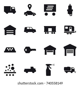 16 vector icon set : truck, car pointer, delivery, spark plug, garage, trailer, taxi, key, pickup, sprayer, sweeper