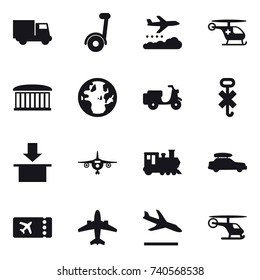 16 vector icon set : truck, segway, weather management, airport building, plane, train, car baggage, ticket, airplane, arrival