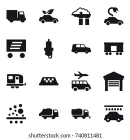 16 vector icon set : truck, eco car, factory filter, electric car, delivery, spark plug, trailer, taxi, transfer, garage, trash truck, sweeper, car wash