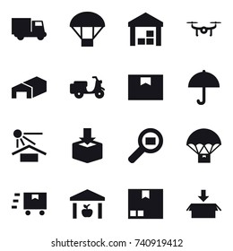 16 vector icon set : truck, parachute, warehouse, drone, package
