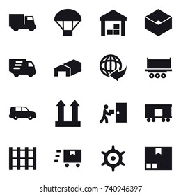 16 vector icon set : truck, parachute, warehouse, box, delivery, handwheel, package