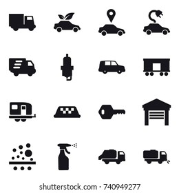 16 vector icon set : truck, eco car, car pointer, electric car, delivery, spark plug, trailer, taxi, key, garage, sprayer, trash truck, sweeper