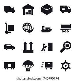 16 vector icon set : truck, warehouse, box, delivery, cargo stoller, handwheel