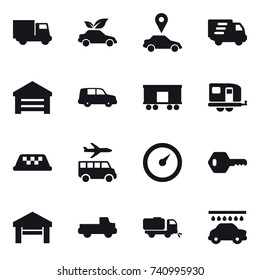 16 vector icon set : truck, eco car, car pointer, delivery, garage, trailer, taxi, transfer, barometer, key, pickup, sweeper, car wash