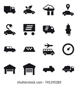 16 vector icon set : truck, eco car, factory filter, car pointer, electric car, delivery, spark plug, taxi, transfer, barometer, garage, pickup, trash truck