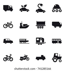 16 vector icon set : truck, eco car, electric car, lunar rover, bike, train, trailer, bus, motorcycle, pickup, tractor