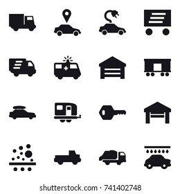 16 vector icon set : truck, car pointer, electric car, delivery, garage, car baggage, trailer, key, pickup, trash truck, car wash