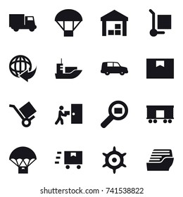 16 vector icon set : truck, parachute, warehouse, cargo stoller, handwheel, cruise ship