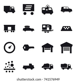 16 vector icon set : truck, delivery, car baggage, trailer, taxi, barometer, key, garage, pickup, trash truck, sweeper