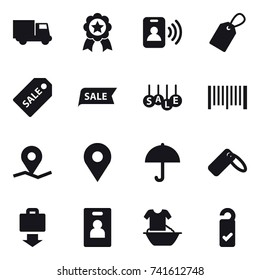 16 vector icon set : truck, medal, pass card, label, sale label, sale, barcode, baggage get, identity card, handle washing, please clean