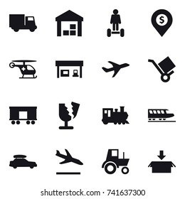 16 vector icon set : truck, warehouse, hoverboard, dollar pin, gas station, train, car baggage, arrival, tractor, package