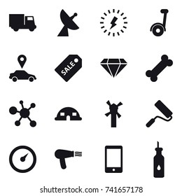 16 vector icon set : truck, satellite antenna, lightning, segway, car pointer, sale label, diamond, dome house, windmill, repair, barometer, hair dryer