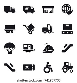 16 vector icon set : truck, delivery, gas station, trailer, sail boat, escalator, ticket, invalid, tractor