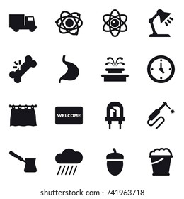 16 vector icon set : truck, atom, table lamp, fountain, watch, curtain, welcome mat, turk, rain cloud, acorn, foam bucket