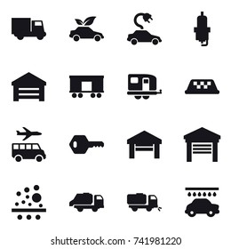 16 vector icon set : truck, eco car, electric car, spark plug, garage, trailer, taxi, transfer, key, trash truck, sweeper, car wash