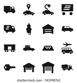 16 vector icon set : truck, car pointer, electric car, delivery, spark plug, garage, car baggage, taxi, transfer, key, sweeper
