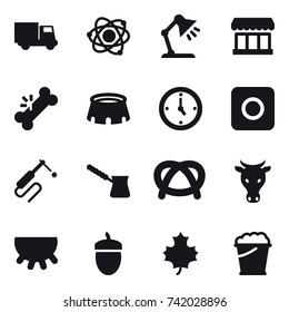 16 vector icon set : truck, atom, table lamp, market, stadium, watch, ring button, turk, cow, udder, acorn, maple leaf, foam bucket