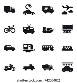 16 vector icon set : truck, electric car, delivery, journey, bike, trailer, bus, taxi, motorcycle, pickup, sweeper, car wash
